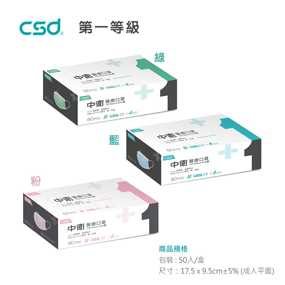 中衛口罩 一類 CSD口罩 口罩 CSD 醫療口罩 一級/薄款 (藍/綠/粉) 醫用口罩 國家隊口罩