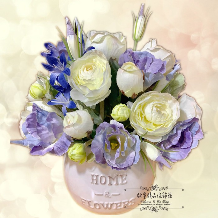 歐室精品傢飾館 典雅人造花作品桌花圓花桔梗山茶花紫白花藝設計婚禮布置餐桌盆花 新款上市 蝦皮購物