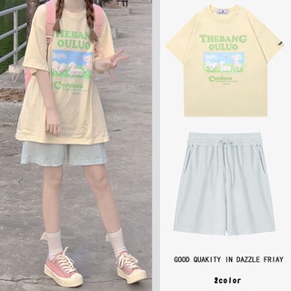 可愛甜美短袖運動套裝女夏季學生軟妹少女寬鬆韓版休閒短褲兩件套