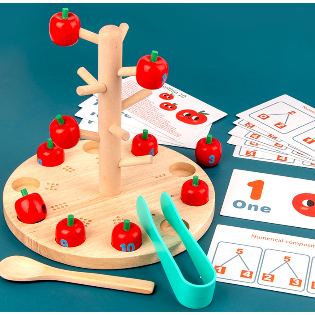 草莓噗噗🍓臺中現貨 趣味蘋果算數遊戲組 木質蘋果數學學習 算術學習 數學教具 算數教具 蘋果樹 木質蘋果樹 摘蘋果遊戲