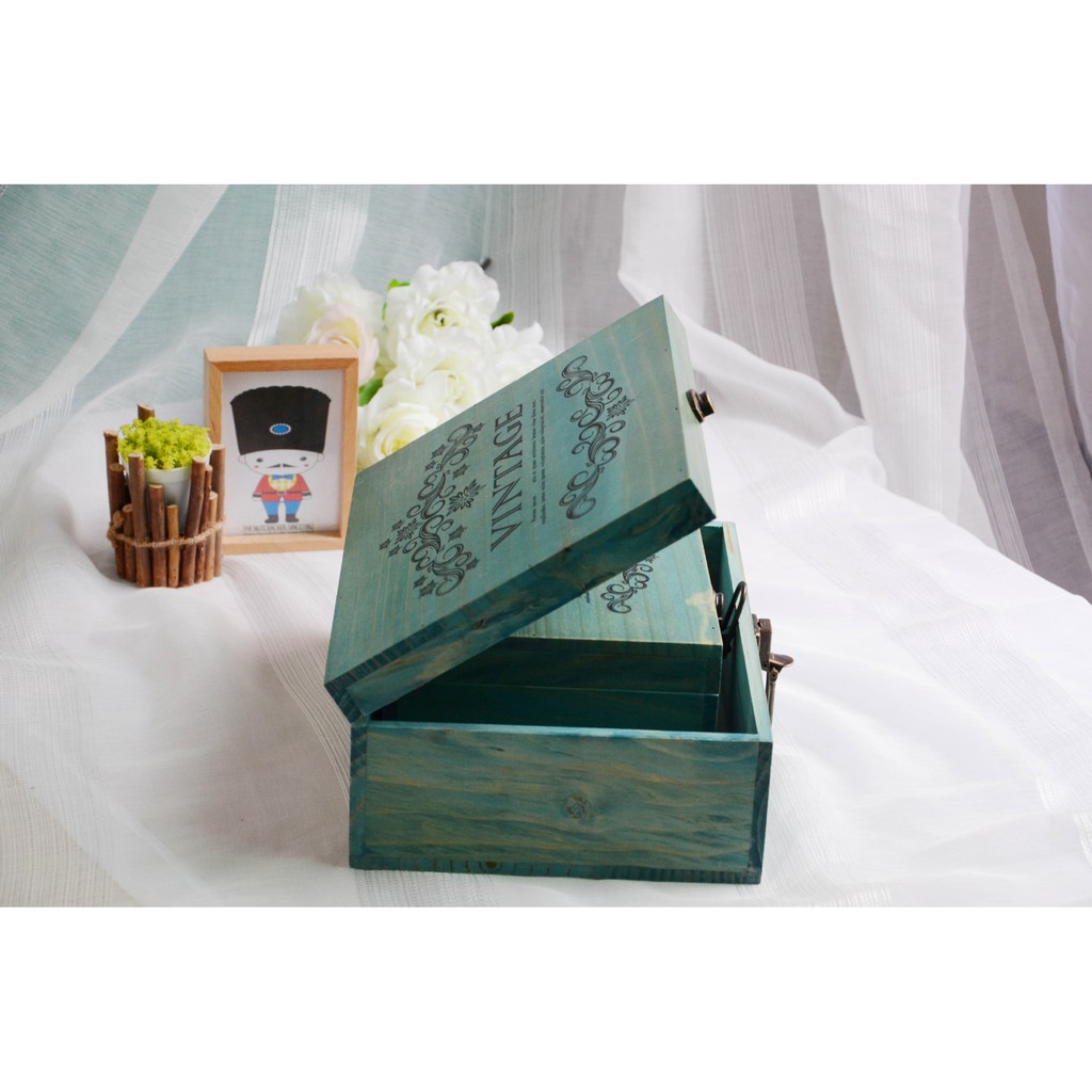 收納木盒 收納盒 鎖木盒 zakka生活雜貨 原木 中款 小款 水藍色 藍色 鄉村風 VINTAGE OBO02D3