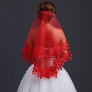 凡妮莎新娘頭紗-紅色蕾絲花邊頭紗1.5米