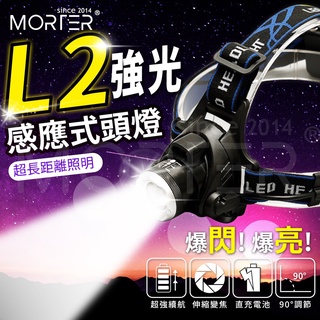 ˋˋ MorTer ˊˊ感應變焦 爆亮L2頭燈 送充電電池 充電頭燈 頭燈 工作燈 釣魚頭燈 釣魚燈 登山燈 手電筒