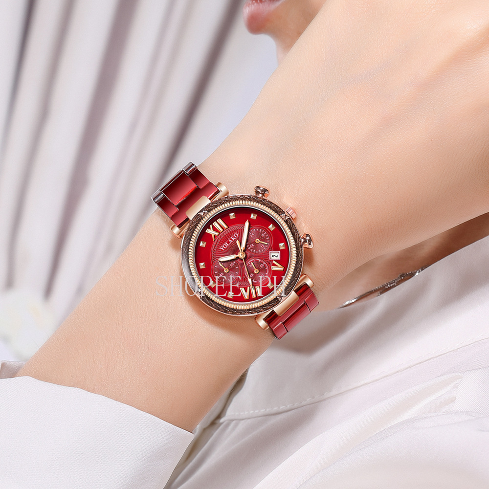 Yolako 日曆鋼帶手錶 Eye Roman Scale 女士時尚手錶計時碼表自動日曆商務高級女士手錶鑽石手錶派對配件