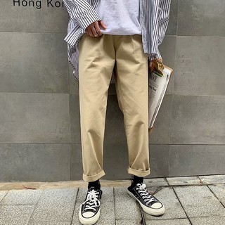 春秋季潮流M-3XL大尺碼鬆緊腰九分褲 青年男士日系素色休閒長褲 學院風寬鬆直筒老爹褲 韓版長褲 百搭工作褲 男生褲子潮