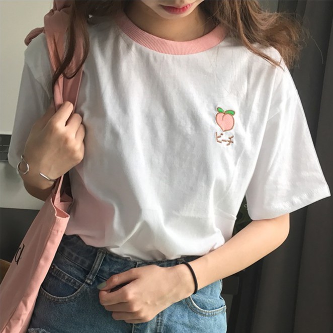 夏季韓版女生短袖T恤 學生拼色學院可愛水果刺繡圓領寬鬆棉女生短袖上衣短T