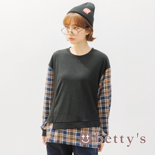 betty’s貝蒂思(15)假兩件拼接格子布上衣(黑色)