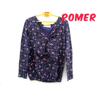 ☆POMER☆日本特色古著小店購入 童趣獨特混搭個性 vintage創意童話街拍 聖誕節紅毛衣雪人格紋藍長袖皺摺V領上衣