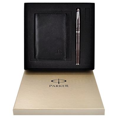 PARKER經典幾何紋鋼珠筆/棕+皮製名片夾禮盒 eslite誠品