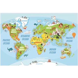 英文卡通動物及世界地圖教室海報