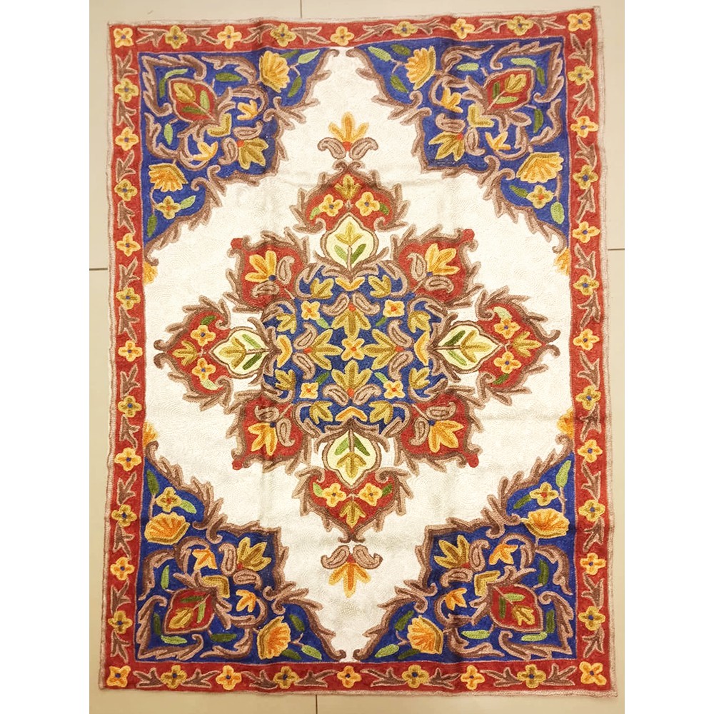 印度喀什米爾 純手工蠶絲 立體刺繡編織 有機花草圖騰 紅色鑲邊 貴族歐風波斯地毯 地墊 冥想墊