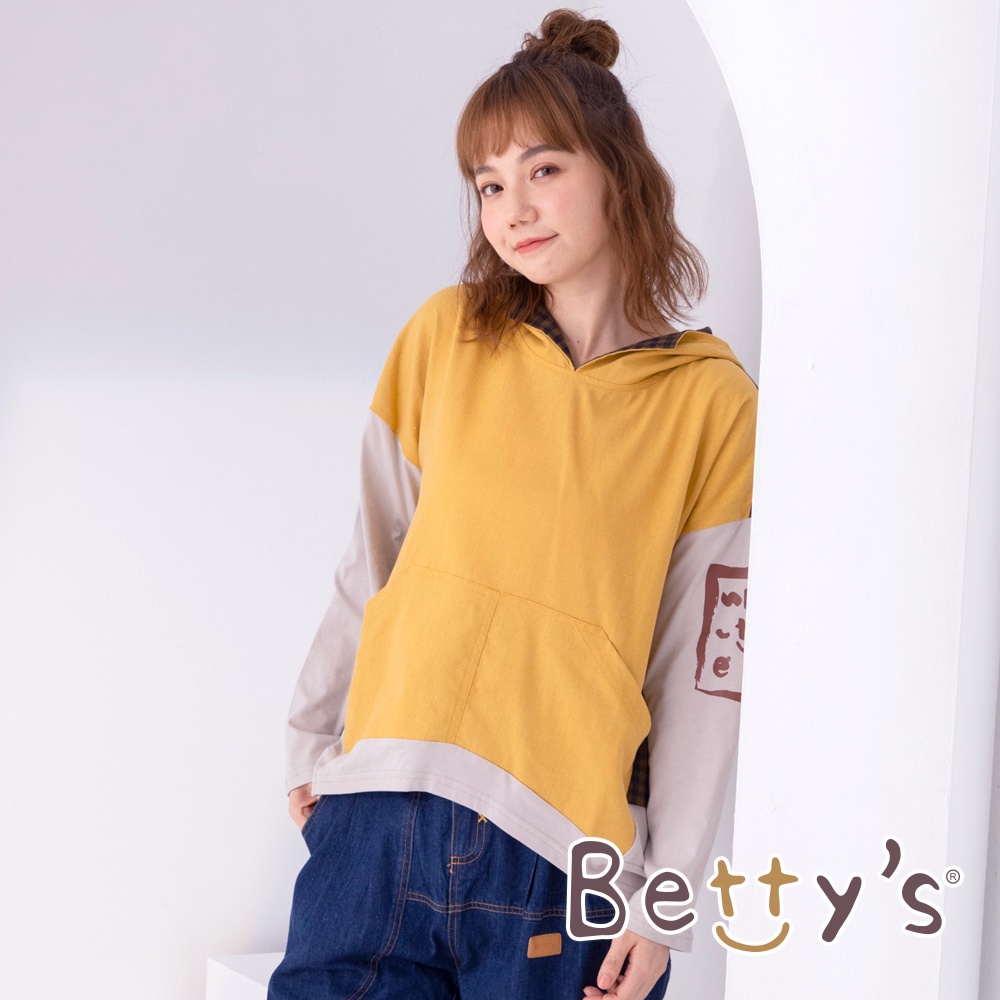 betty’s貝蒂思(05)格紋拼布連帽長袖T-shirt(鉻黃色)