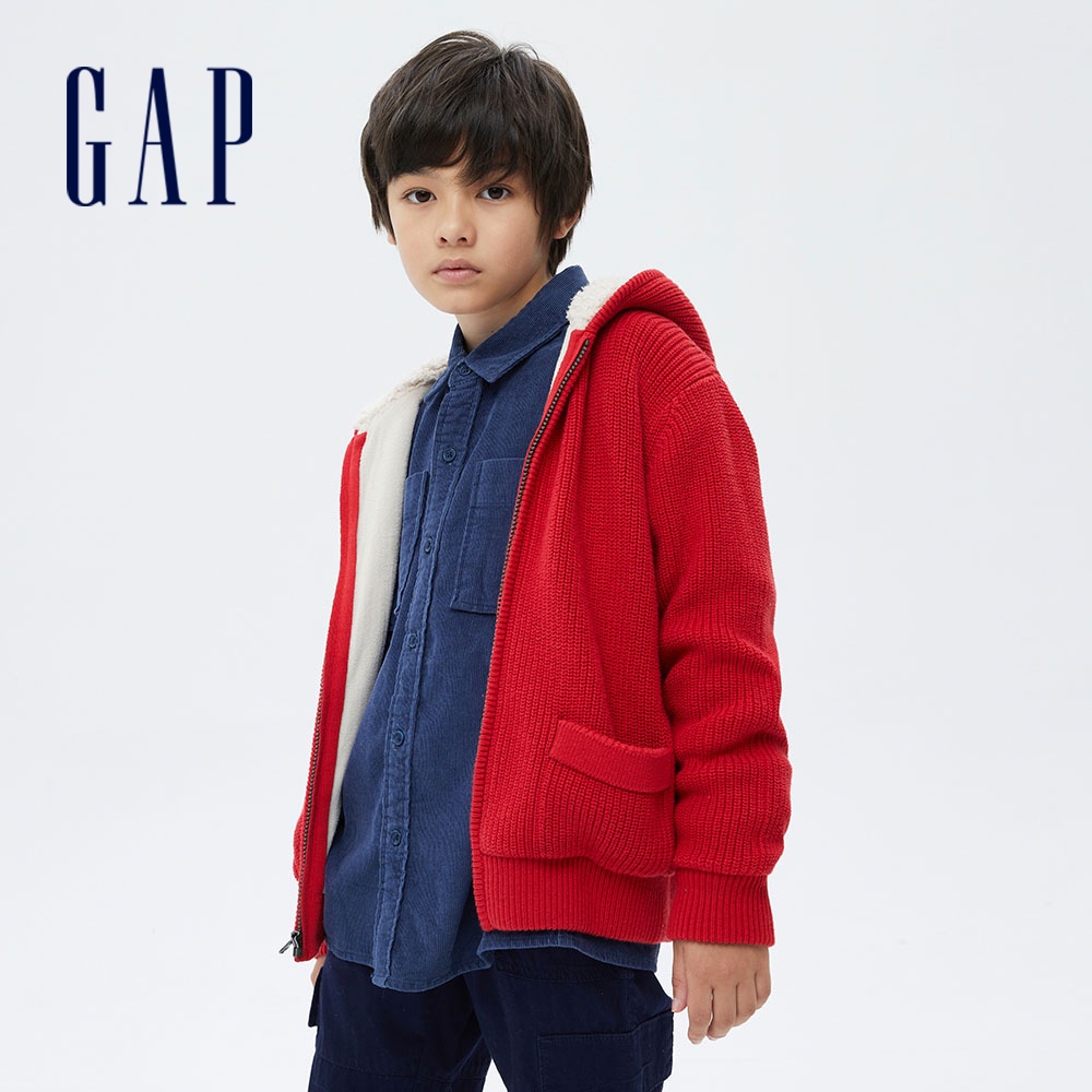 Gap 兒童裝 仿羊羔絨連帽毛衣外套-紅色(703938)