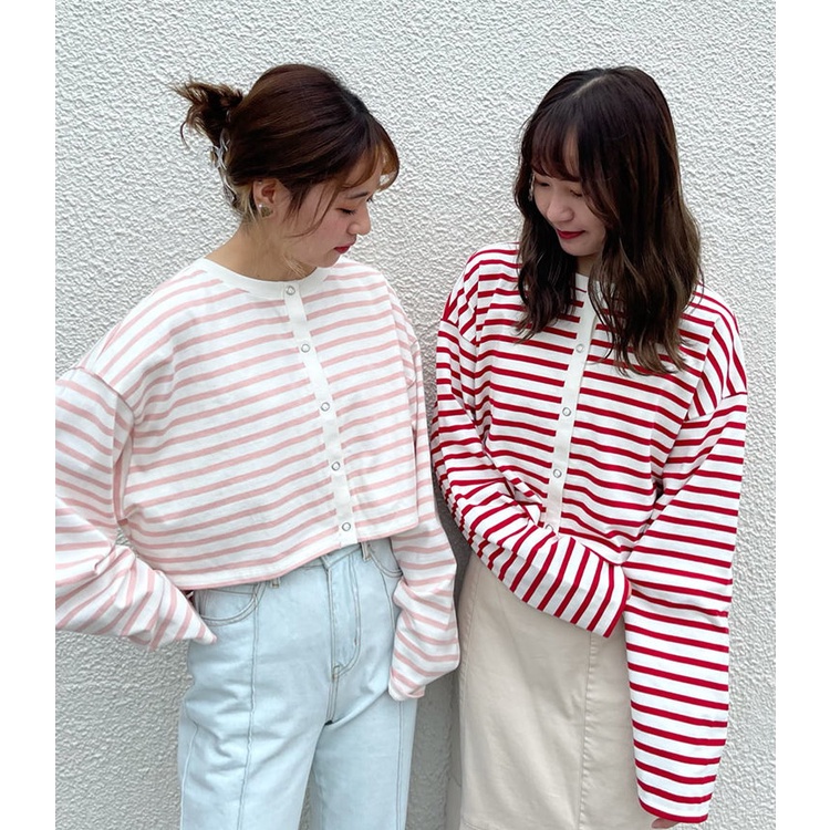 【WildLady】 日本日系甜美條紋滾邊前後兩穿中短版小外套 棉料罩衫nice claup