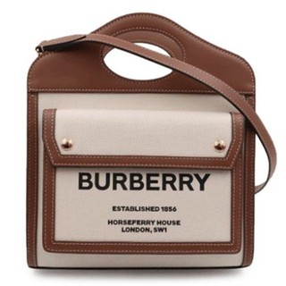 Burberry 迷你雙色調帆布拼皮革 Pocket 包 自然色/麥芽棕色