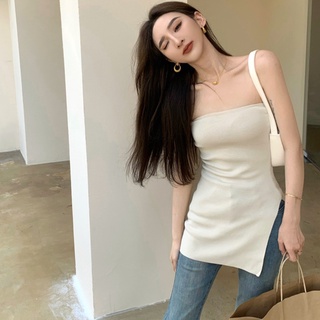 【V納斯】💋快速出貨💋平口露背抹胸修身不規則下擺開叉上衣 韓 背心 氣質 性感 辣妹度假 夏 女