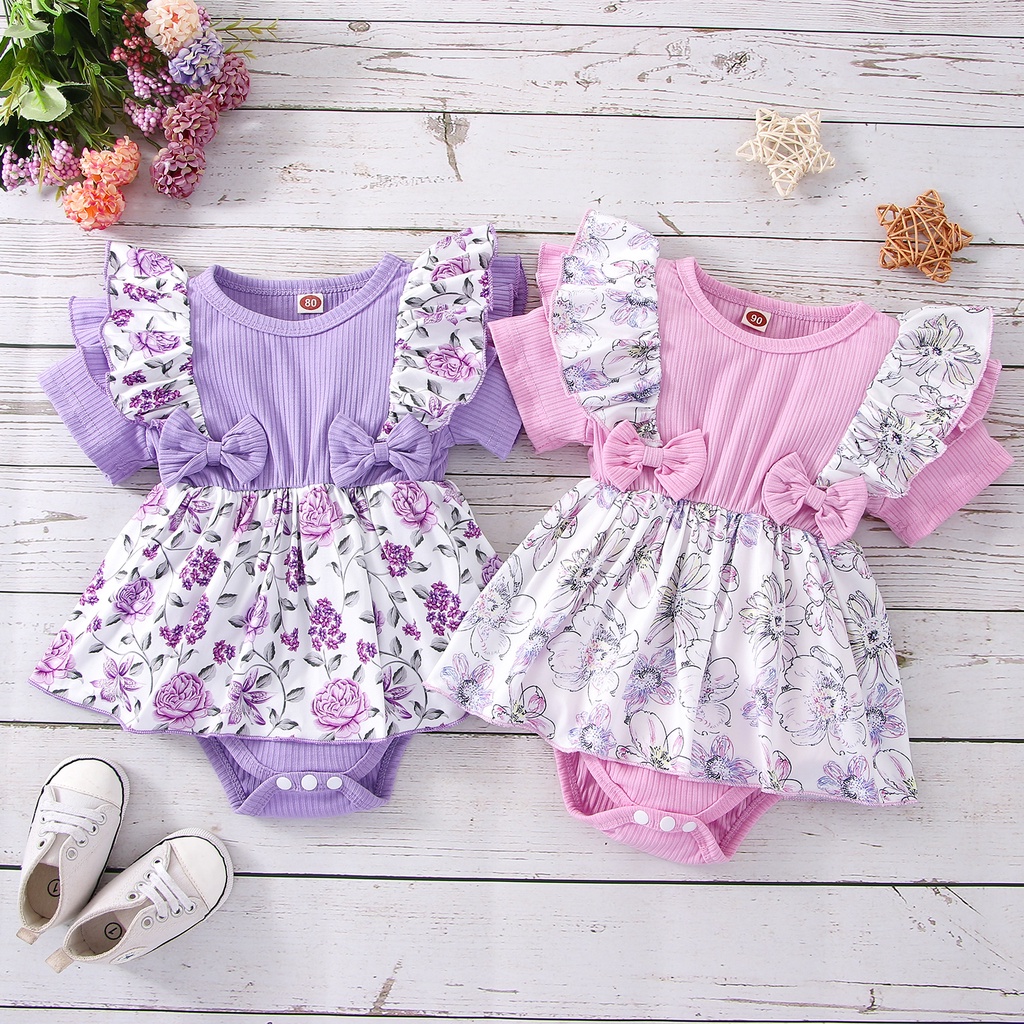 0-12 個月初生女嬰公主裙可愛雙蝴蝶結設計短袖碎花緊身衣嬰兒女孩 1 歲生日派對服裝連身衣