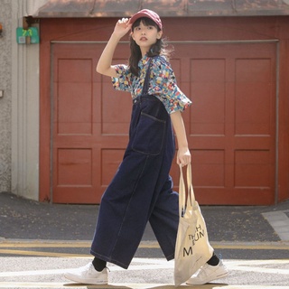 日系背帶褲可愛寬鬆軟妹小個子森系港風口袋牛仔背帶褲闊腿褲女