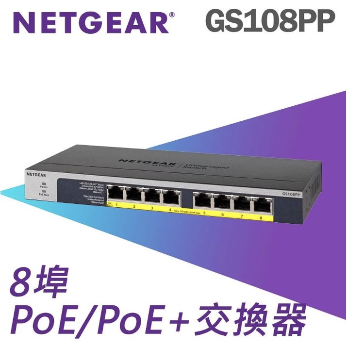 NETGEAR GS108PP 8埠 Giga 無網管 PoE/PoE+交換器 公司貨 含稅有發票 無風扇