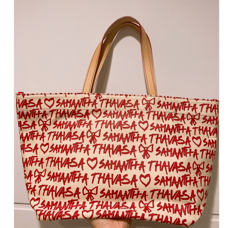 全新絕版Samantha Thavasa 紅x白經典塗鴉文字托特帆布包| 蝦皮購物