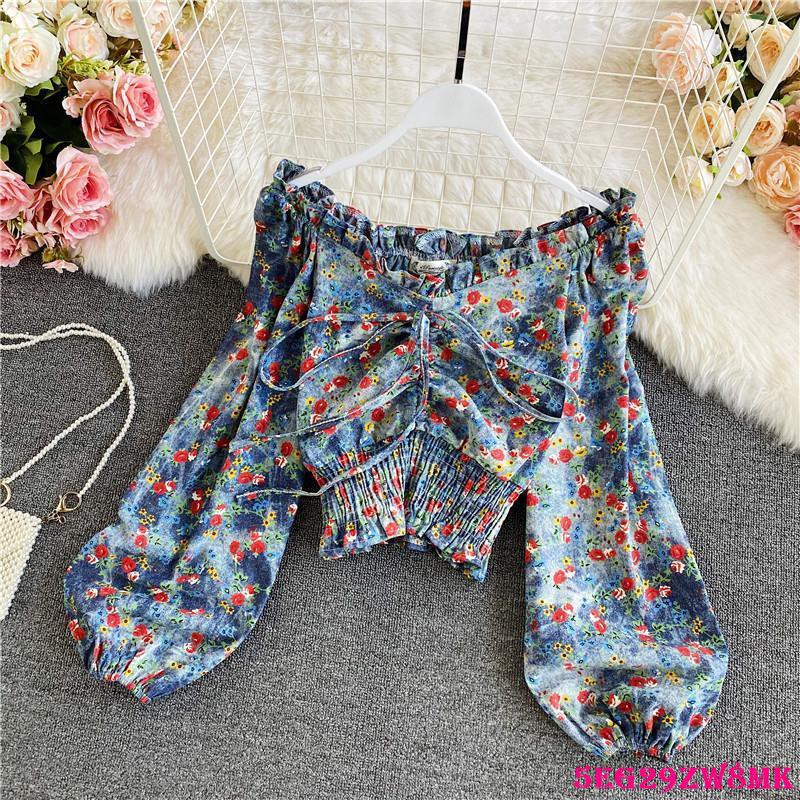 春秋韓版甜美碎花抽繩短款一字肩露肩牛仔襯衫女設計感修顯瘦上衣 6月12日發完 韓版新款21女生上衣 套裝 蝦皮購物