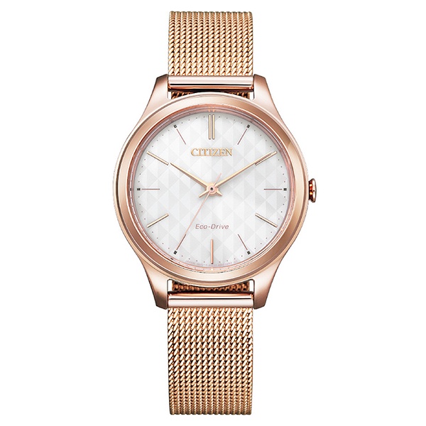 CITIZEN 星辰錶 Lady's 全玫瑰金白色菱格錶面 米蘭錶帶 32mm EM0508-80A 原廠公司貨保固2年