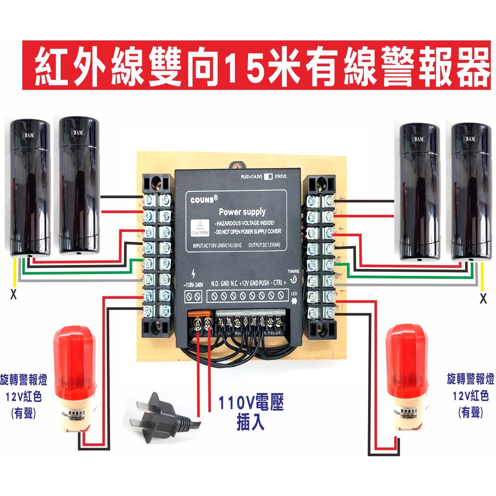 {遙控器達人}紅外線雙向15米有線警報器 12V有聲旋轉警示燈,可用於車道出入安全警示,工廠走廊進出 防止嚇阻