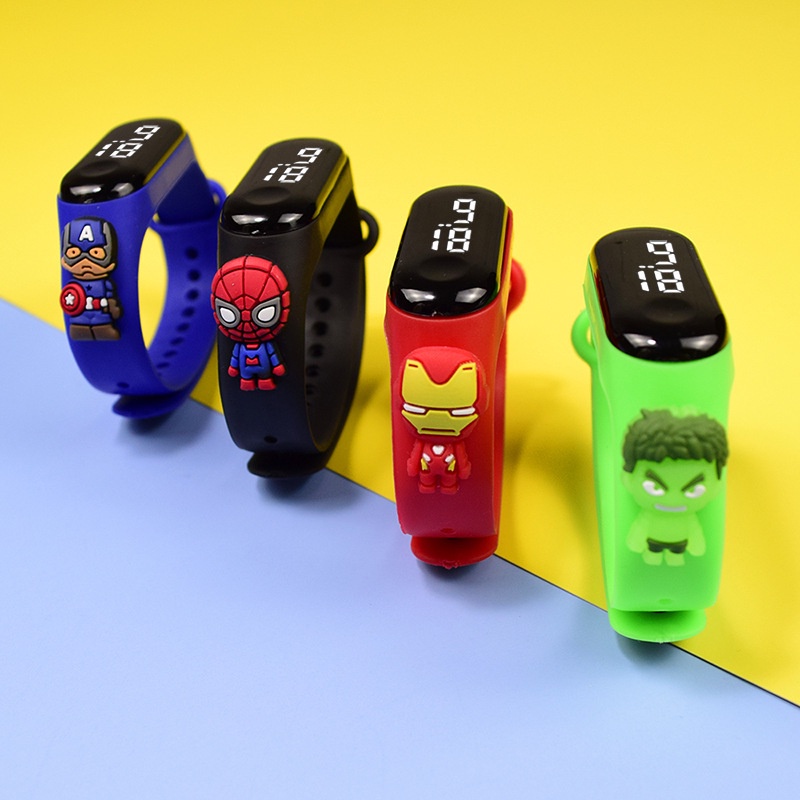迪士尼蜘蛛俠綠巨人卡通鋼鐵俠兒童手錶運動觸控電子led防水手鍊手錶生日