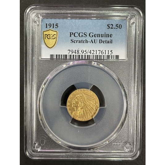普拉特－畢格羅金幣1915年印第安人頭像金幣 面額2.5美金, 4.18g, 直徑18mm, 0.9金,pcgs盒可驗證