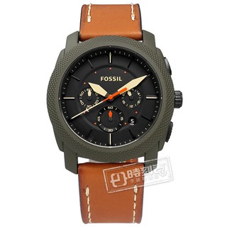 FOSSIL / FS5041 / 霸氣軍事 礦石強化玻璃 計時 日期 日本機芯 真皮手錶 黑x灰綠框x咖啡 45mm