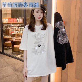 🔥臺灣現貨🔥大尺碼上衣發光小熊燙鑽寬鬆短袖T恤女加大尺碼女裝中長版上衣中長款大碼打底上衣女韓版現貨