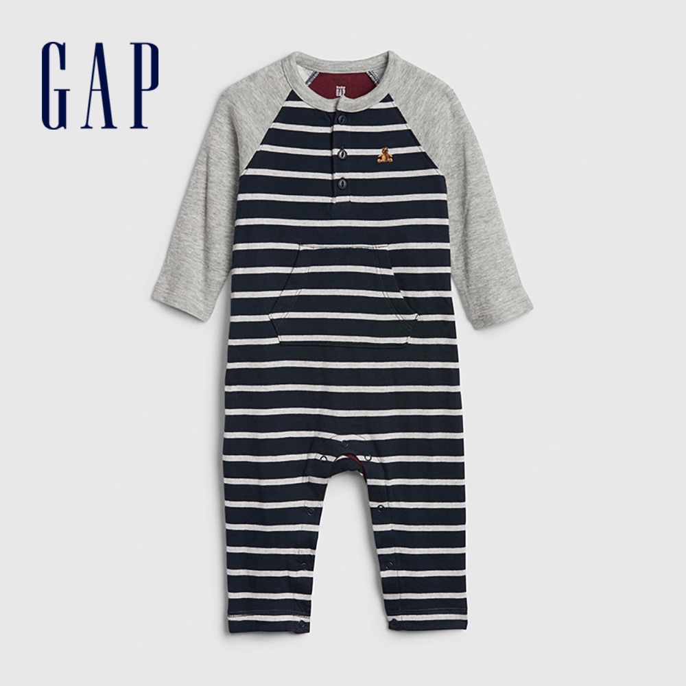 Gap 嬰兒裝 條紋印花圓領暗釦式包屁衣-酒紅色(496698)