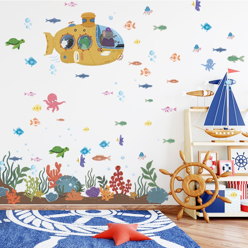 五象設計 卡通動物天堂水下世界快樂魚組合牆貼兒童房場景佈局裝飾貼紙