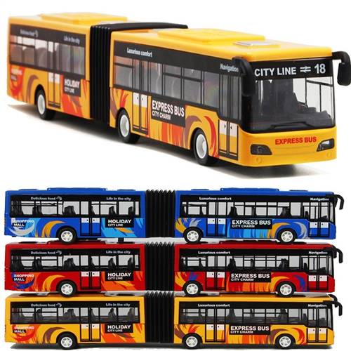現貨# 仿真加長公車合金汽車模型燈光音樂回力雙節巴士兒童玩具車