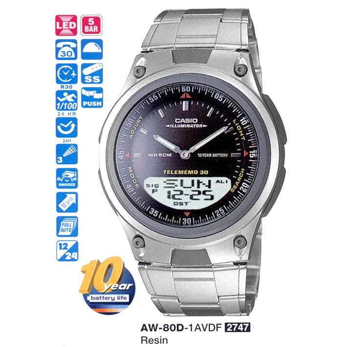 全新CASIO手錶(美運公司)AW-80D有藍/黑二色【發光二極管記憶30組電話30組世界時間】