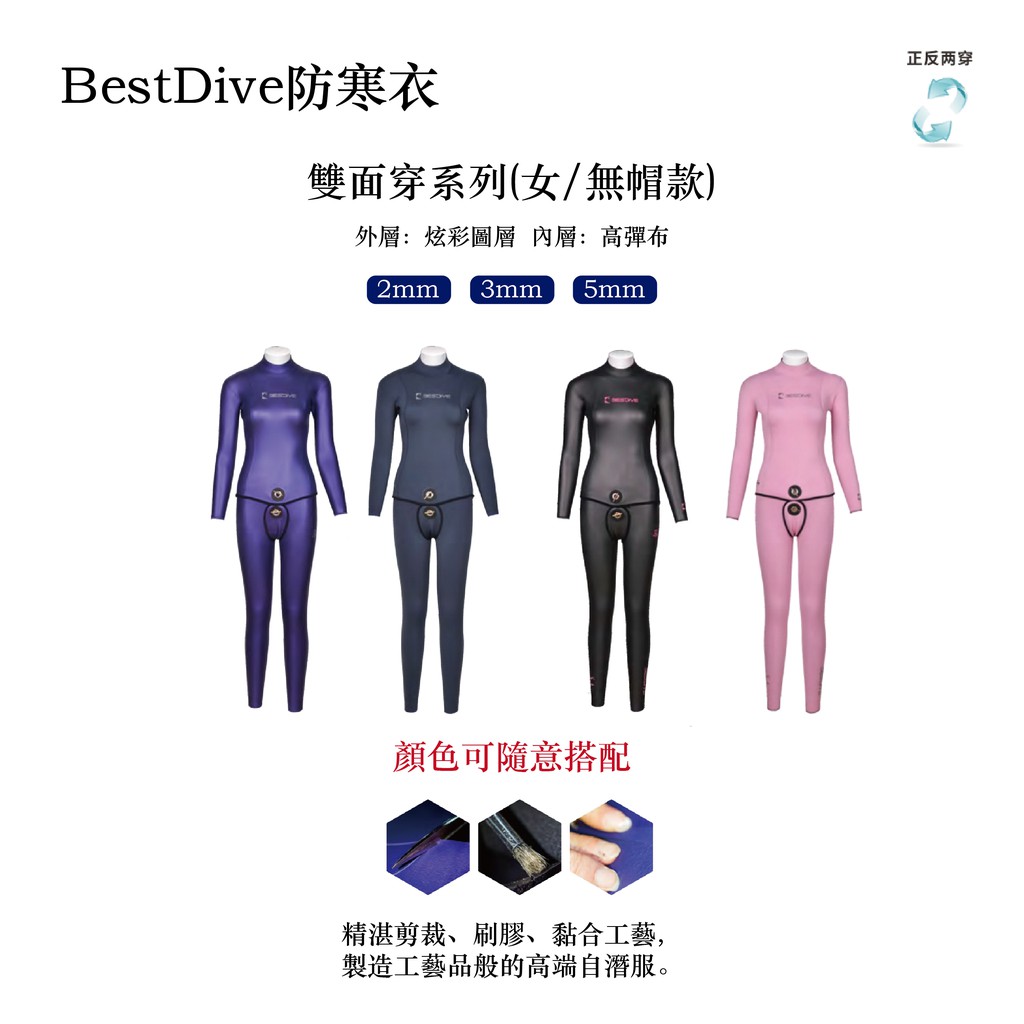 Bestdive 雙面穿系列 女自由潛水 無帽款 防寒衣 (2、3、5mm) 多色自由搭配 *此為預購/滑面+高彈尼龍