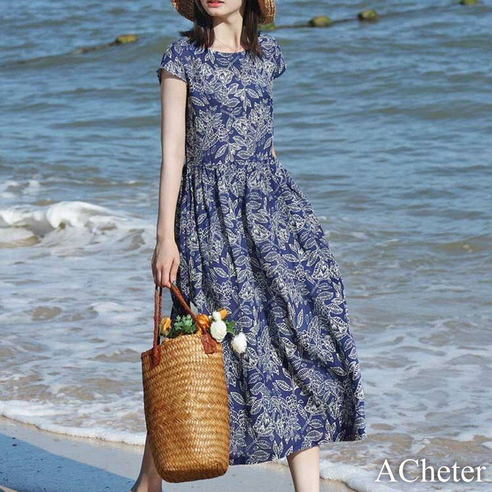 【ACheter】 藍瓷印花渡假慵懶風棉麻洋裝# 112308