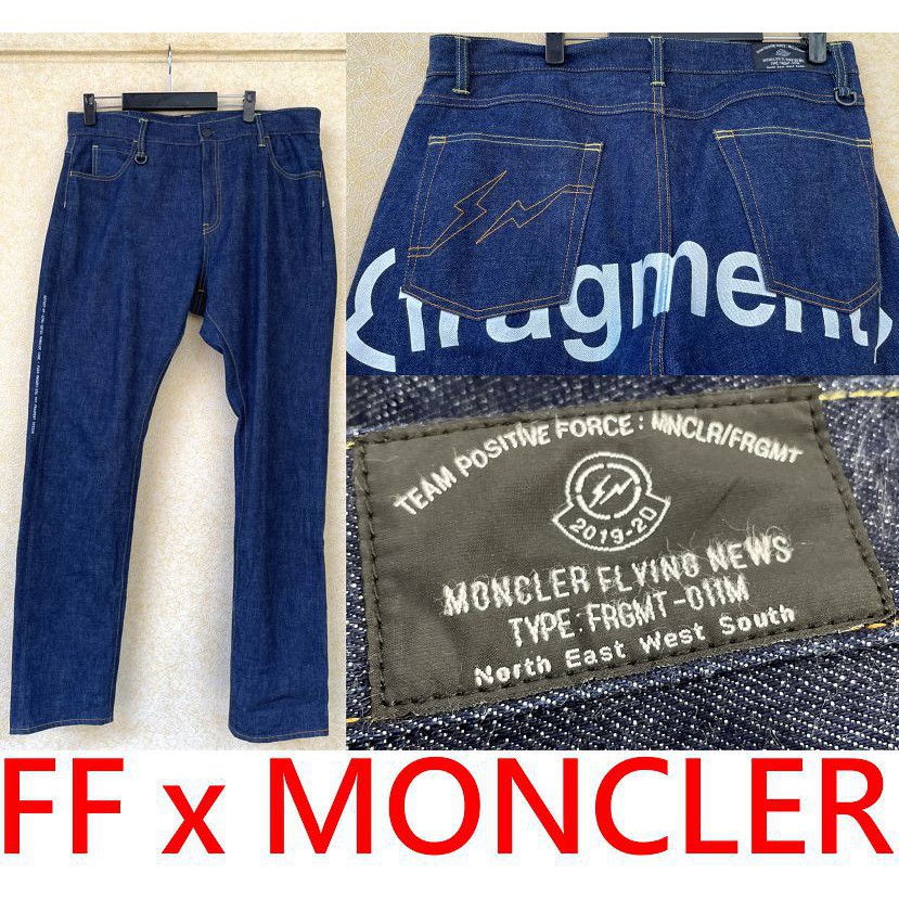 BLACK藤原浩著！近全新MONCLER x FRAGMENT閃電刺繡印刷字體LOGO窄版原色單寧褲5011牛仔褲