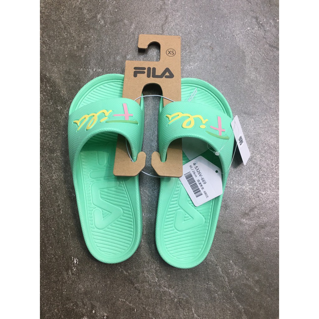 【FILA】女鞋 輕量防水一片式拖鞋 草寫LOGO 粉綠 4-S326V-669