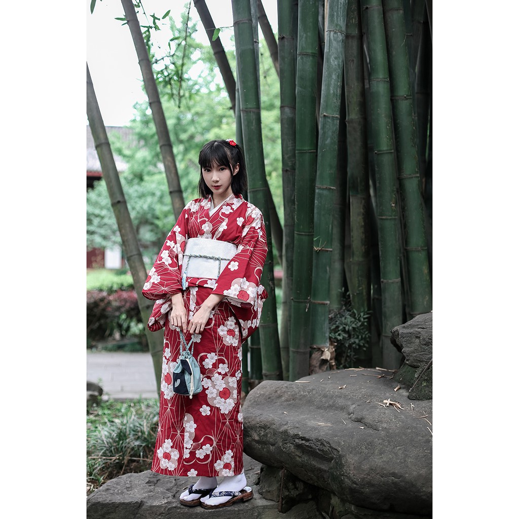 現貨紅色和服日本和服浴衣女花火大會正規櫻花柄純棉和服套 蝦皮購物