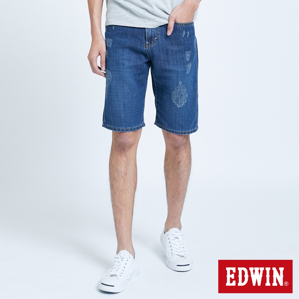 EDWIN 五袋微破牛仔短褲(石洗藍)-男款