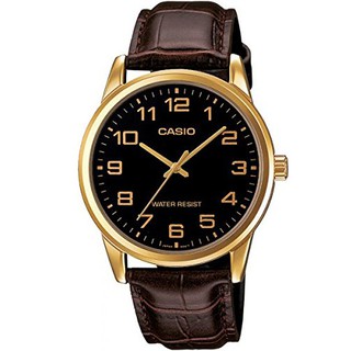 【CASIO】金質簡約指針皮帶錶-黑面金字(MTP-V001GL-1B)正版宏崑公司貨