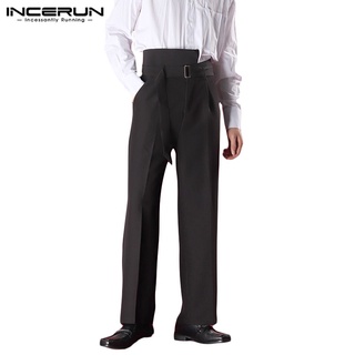 INCERUN男士時尚休閒純色高腰配腰帶直腰寬鬆西裝褲