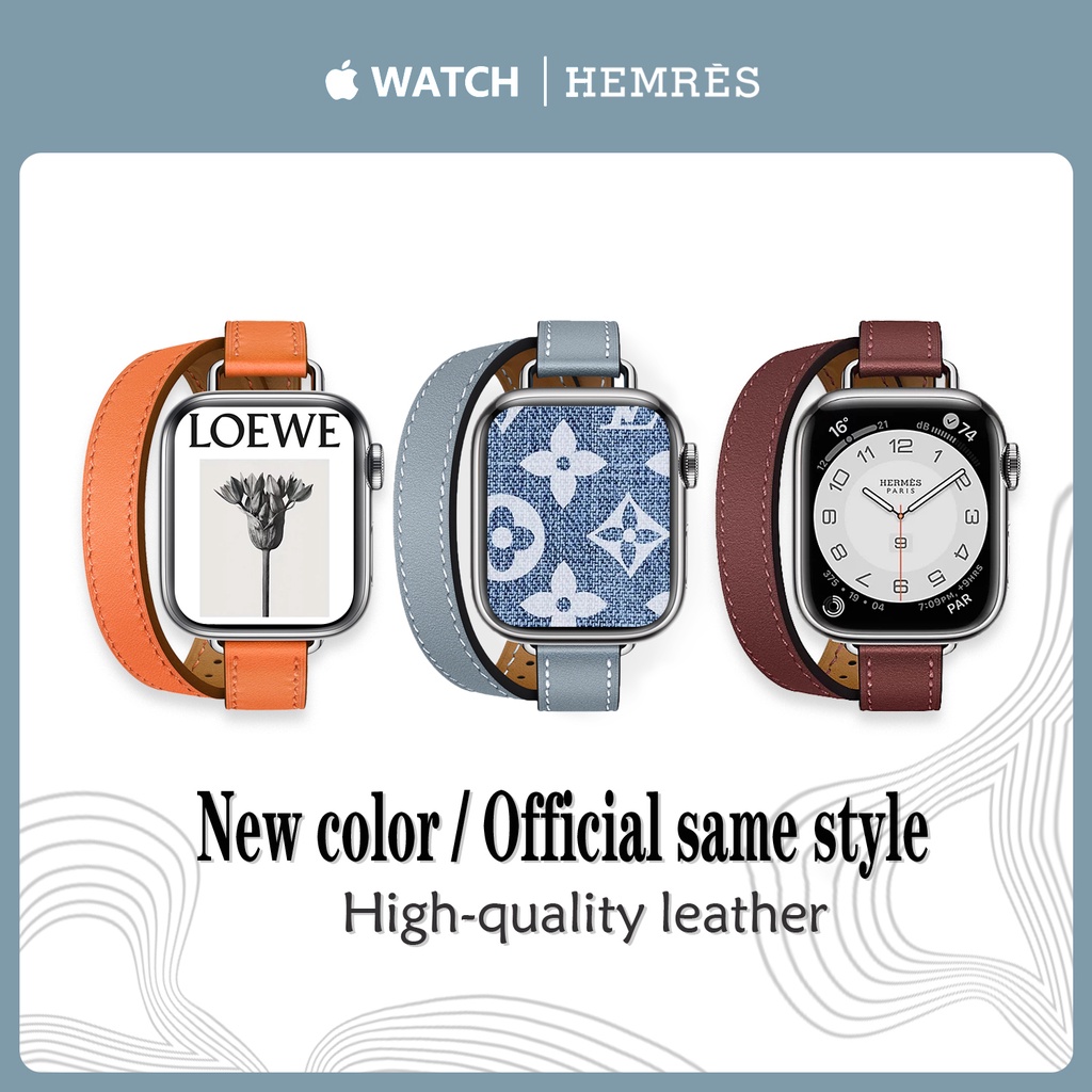 亞麻色錶帶新款愛馬仕同款錶帶雙圈細錶帶14mm錶帶適用於iwatch7 6 5 4 3系列45mm/41mm錶帶蘋果錶帶