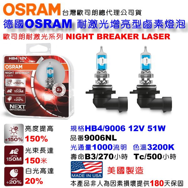 和霆車部品—德國OSRAM 歐司朗公司貨 Night Breaker Laser HB4/9006 耐激光 增亮150%