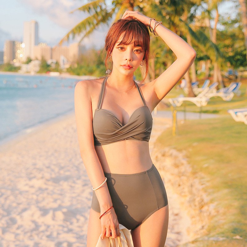 現貨 咖色比基尼2020新款韓國風bikini 鋼托款高腰比基尼顯瘦泳衣美背游泳温泉泡湯歐美bikini 蝦皮購物
