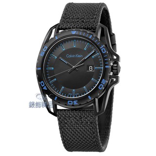 Calvin Klein CK K5Y31YB1手錶 紳士運動款 日期 黑面黑框 藍時標 黑帆布皮帶 男錶【錶飾精品】