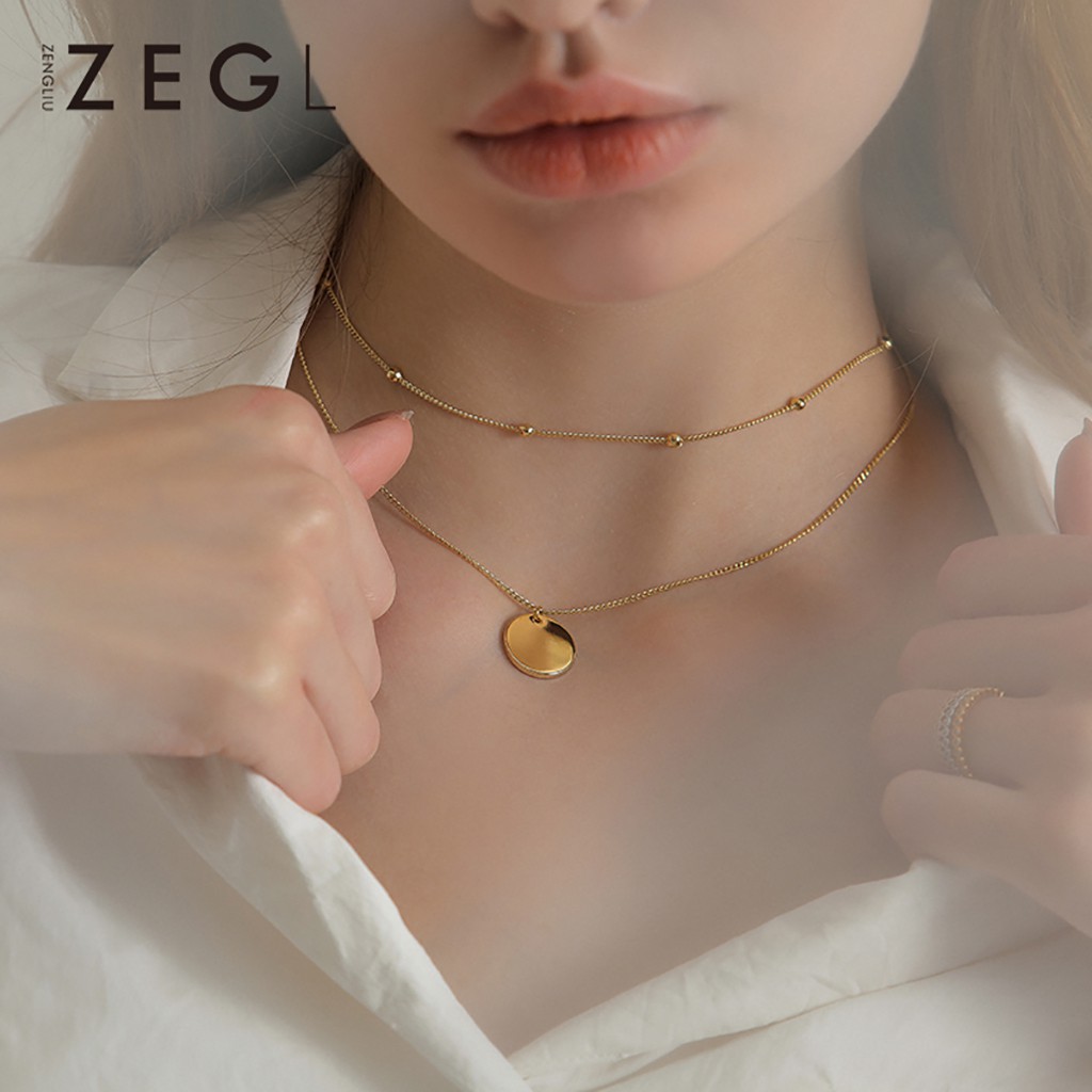Zegl 免運雙層項鍊女鎖骨鏈潮網紅圓形硬幣吊墜短款頸鍊歐美風飾品氣質百搭雙層鎖骨項鍊 蝦皮商城