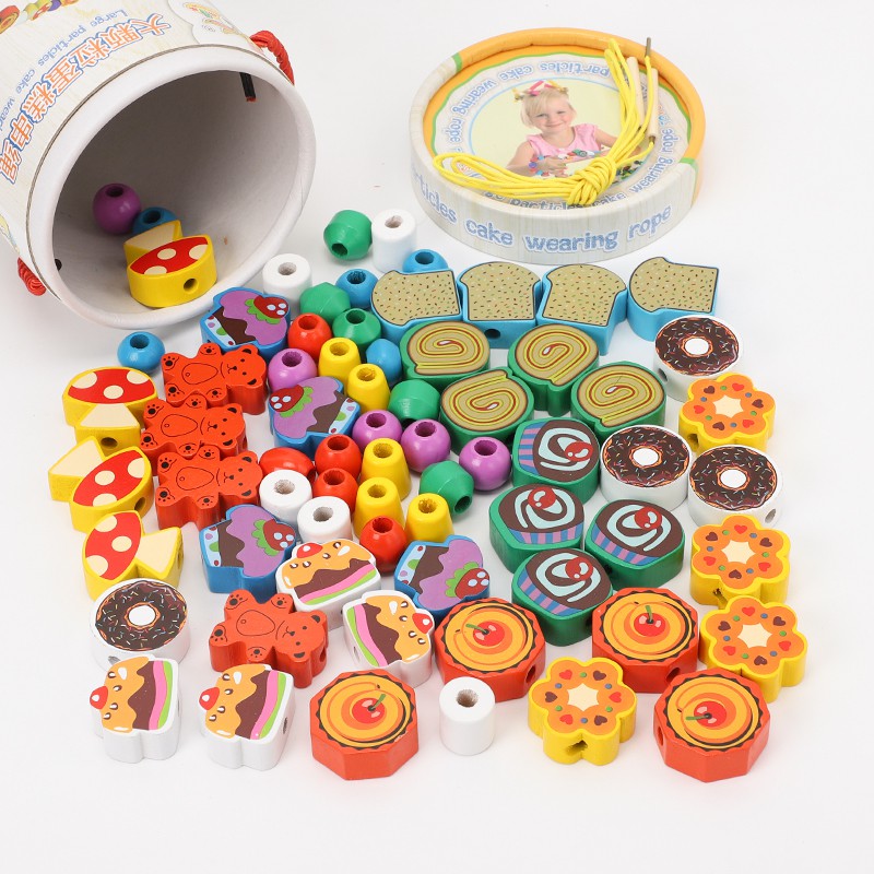 嬰兒兒童玩具✎♘ஐ70粒木制大顆粒蛋糕水果積木穿線串珠 兒童早教認知學習啟蒙玩具11