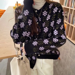 韓版洋氣花朵圓領長袖毛衣外套女 時尚顯瘦復古chic風外穿慵懶風針織開衫外搭上衣針織外套